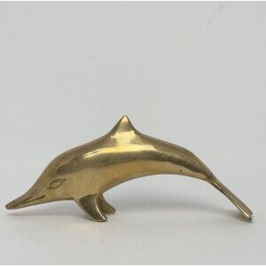 Vintage Solid Brass Dolphin Figurine Paperweight Coastal Nautical Decor 7”